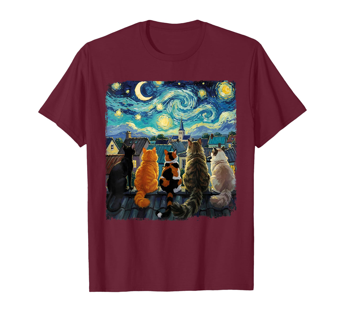 Funny Cat Starry Night Van Gogh Cats Rooftop Scene Feline T-Shirt