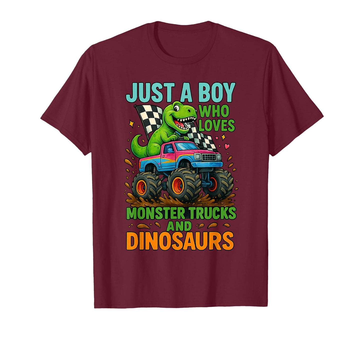 Just A Boy Who Loves Monster Trucks and Dinosaurs Cute T-Rex T-Shirt