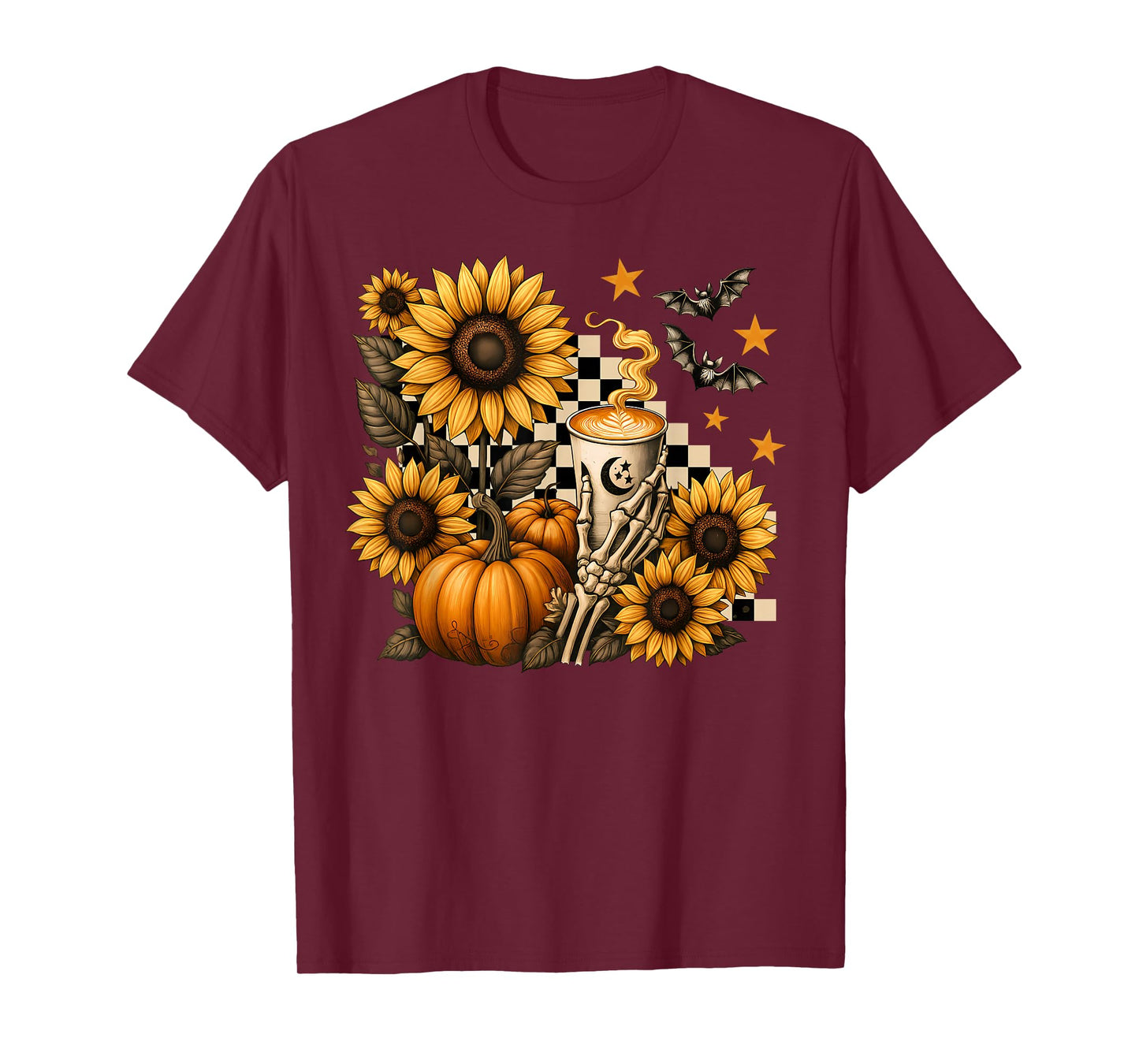 Halloween Skeleton Coffee, Spooky Sunflowers Pumpkin Spice T-Shirt