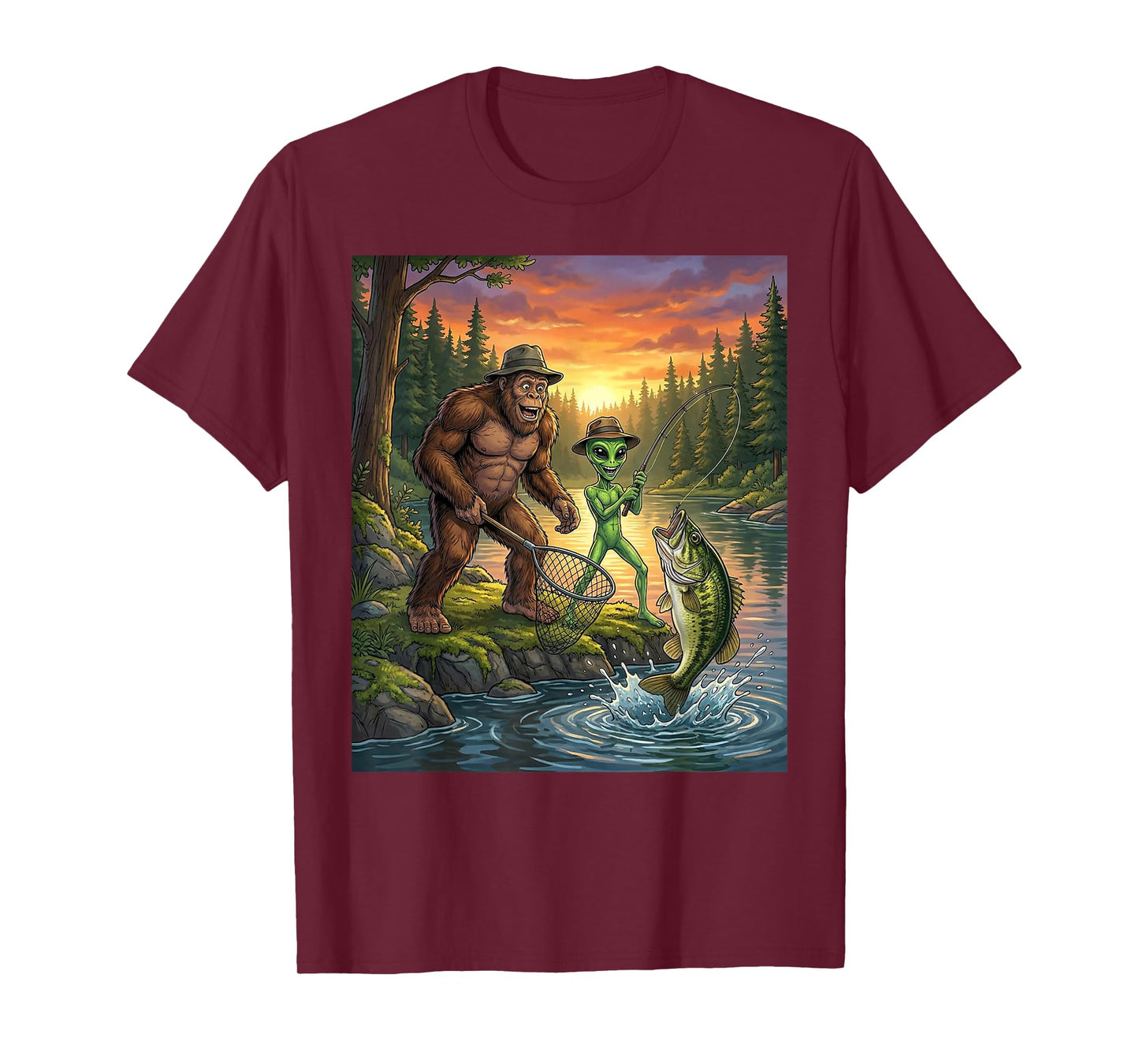 Funny Bigfoot Fishing Mens Alien Sasquatch Fishing Boys T-Shirt