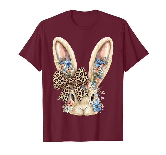 Cute Easter Bunny Face Leopard Bow Floral Rabbit for Women T-Shirt