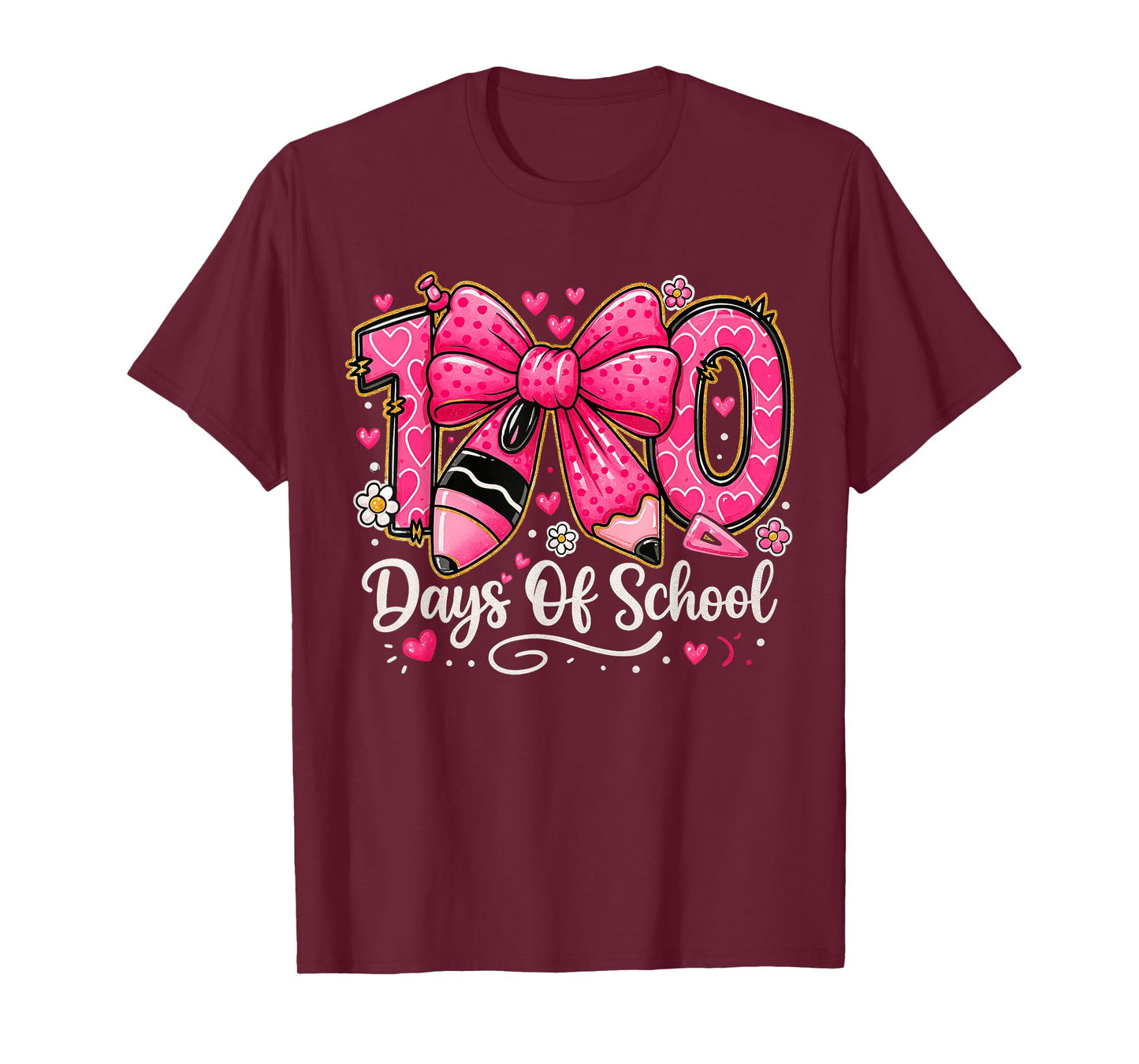 Preppy 100 Days of School Pink Pencil Bow Teacher Kid T-Shirt