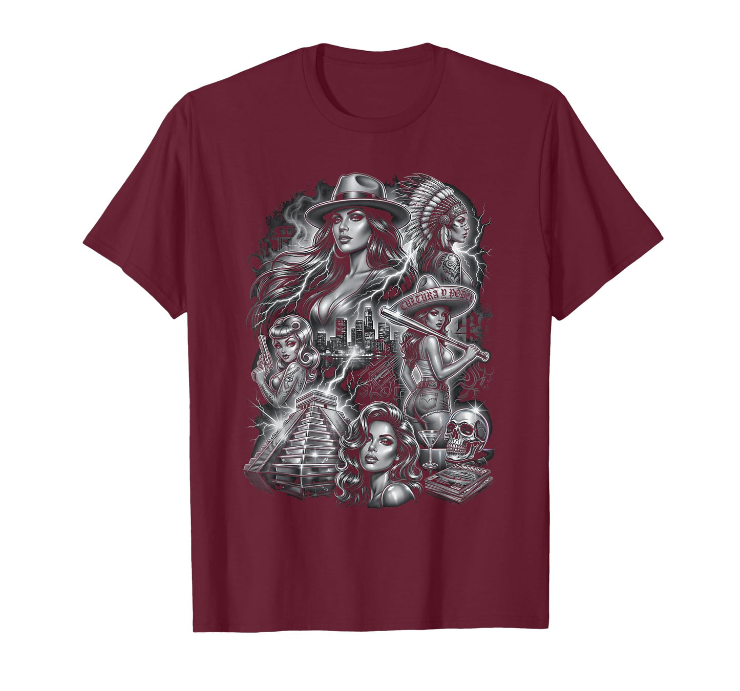 Chicano Art Lowrider Culture Aztec Pyramid West Coast T-Shirt