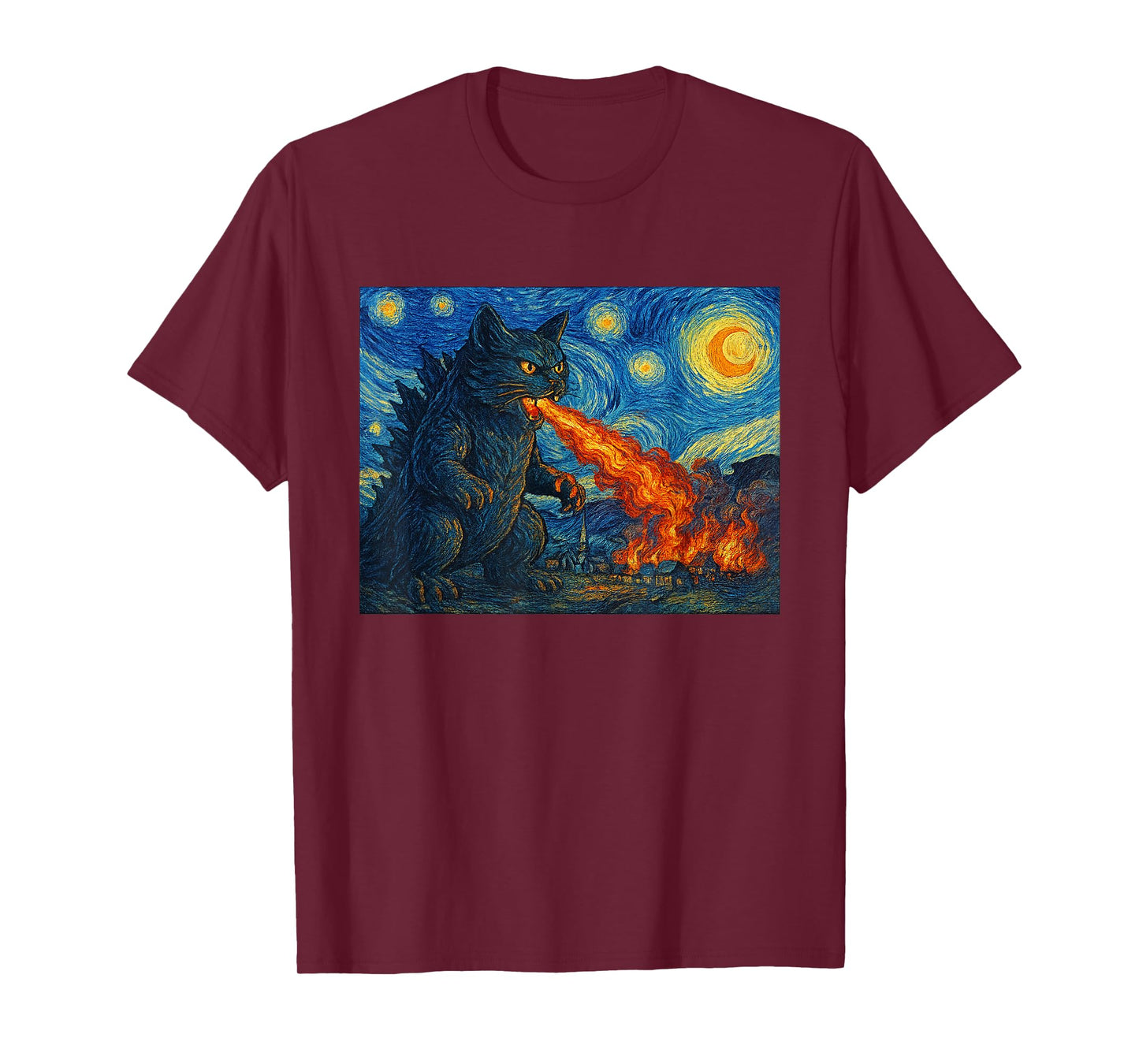 Starry Night Catzilla Monster Cat Van Gogh Style Cat Lover T-Shirt
