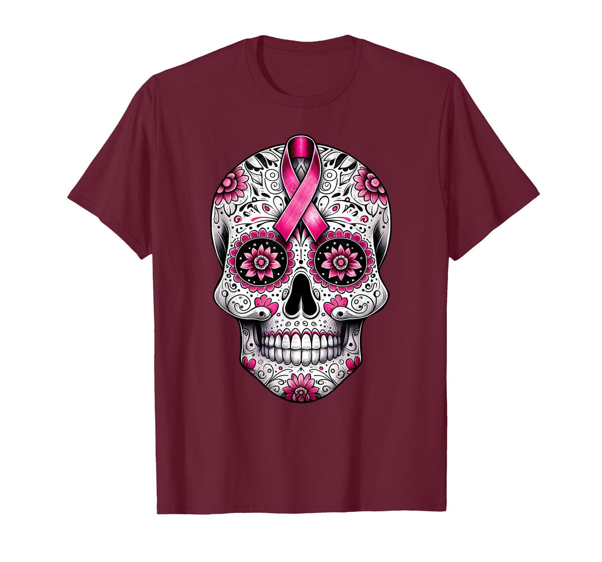 Pink Ribbon Sugar Skull Calavera Breast Cancer Awareness T-Shirt