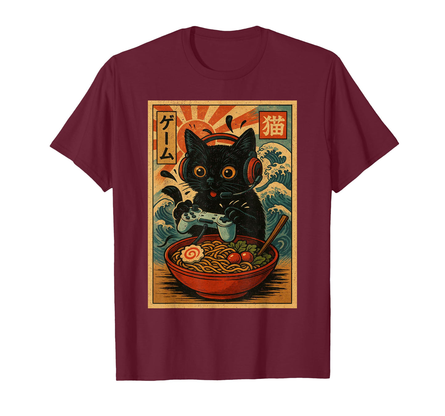 Cute Kawaii Gamer Cat Funny Ramen Retro Japanese Cat Gaming T-Shirt