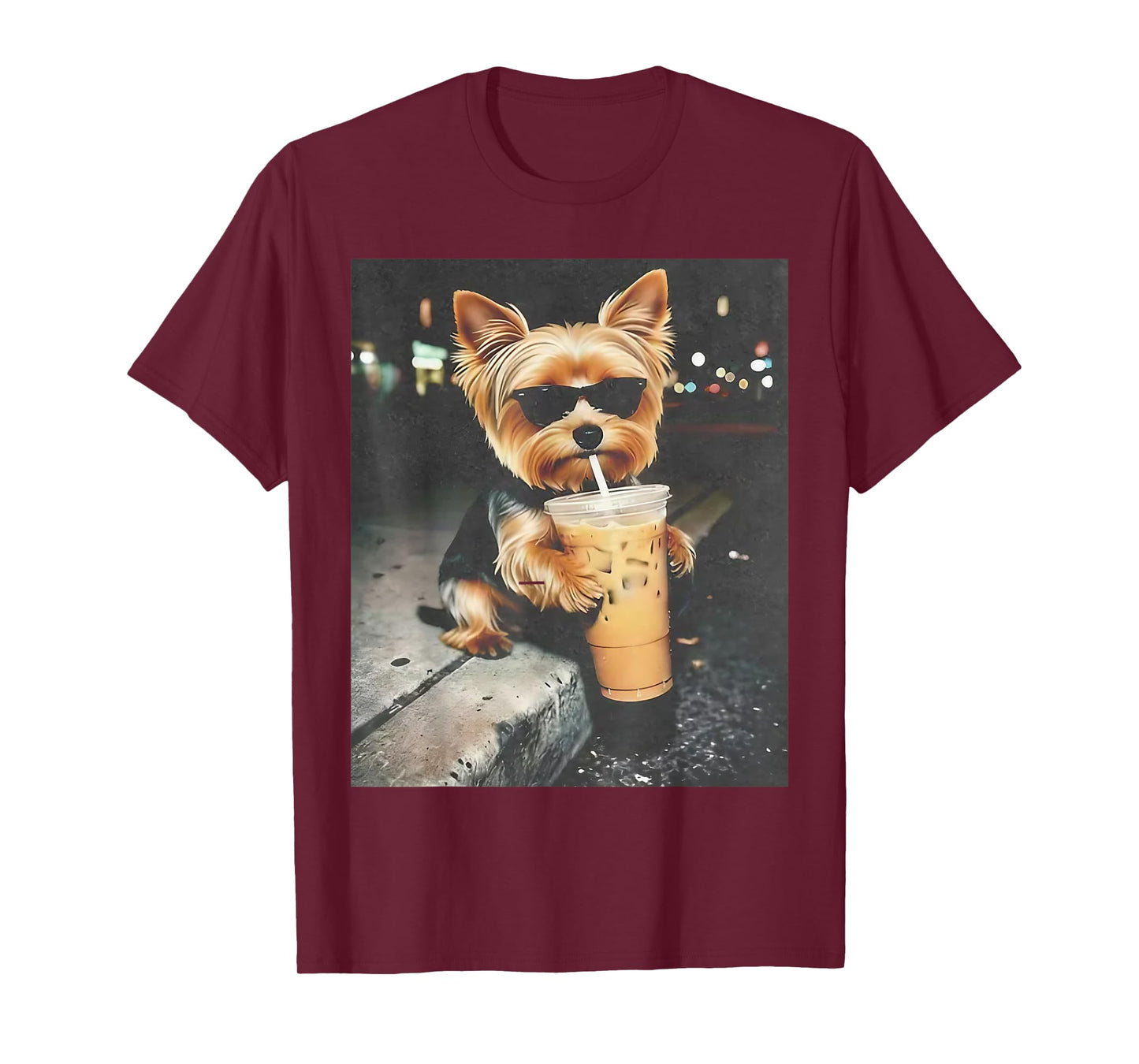 Funny Yorkie Drinking Iced Coffee Cute Dog Meme Humor T-Shirt