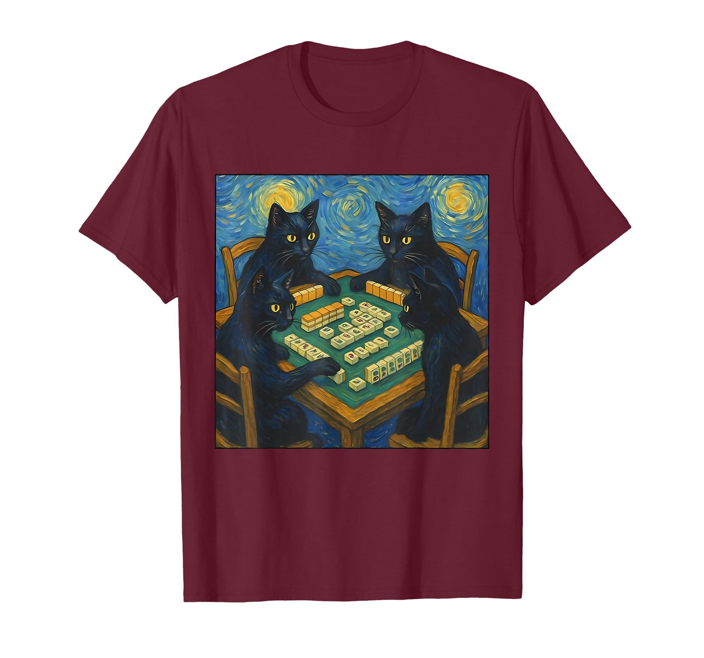 Van Gogh Starry Night Cat Playing Mahjong Chinese Tile Game T-Shirt