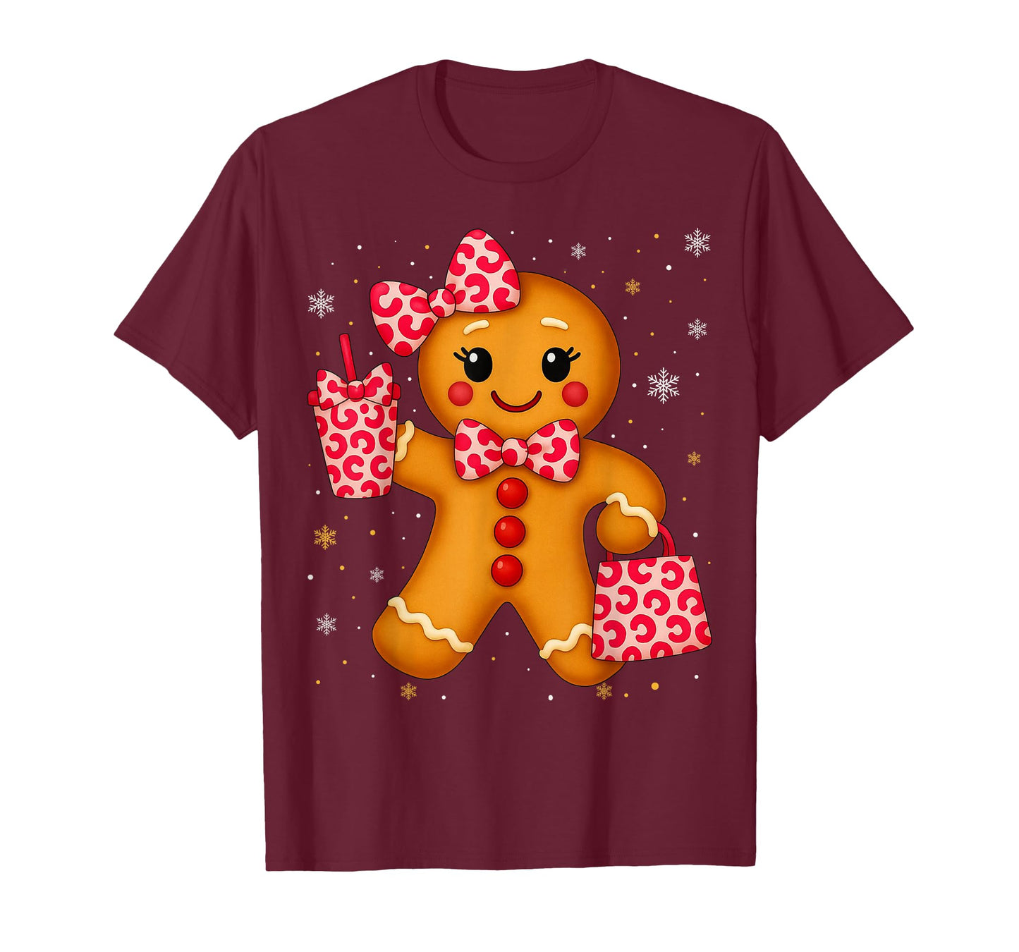 Cute Gingerbread Leopard Bow Christmas Xmas Girl Women T-Shirt