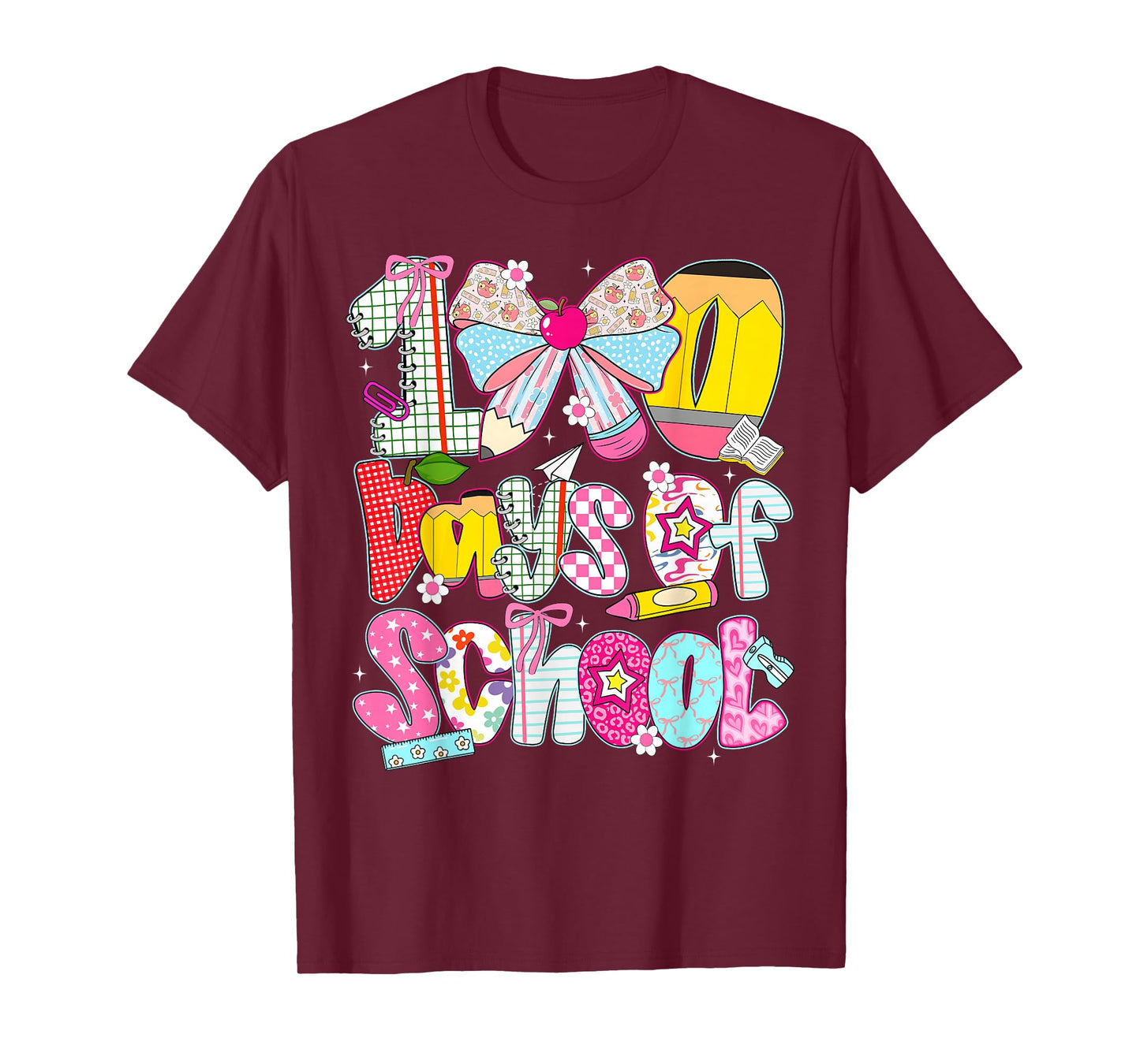 100 Days of School Cute Pencil Coquette Bow Girl Kid Teacher T-Shirt