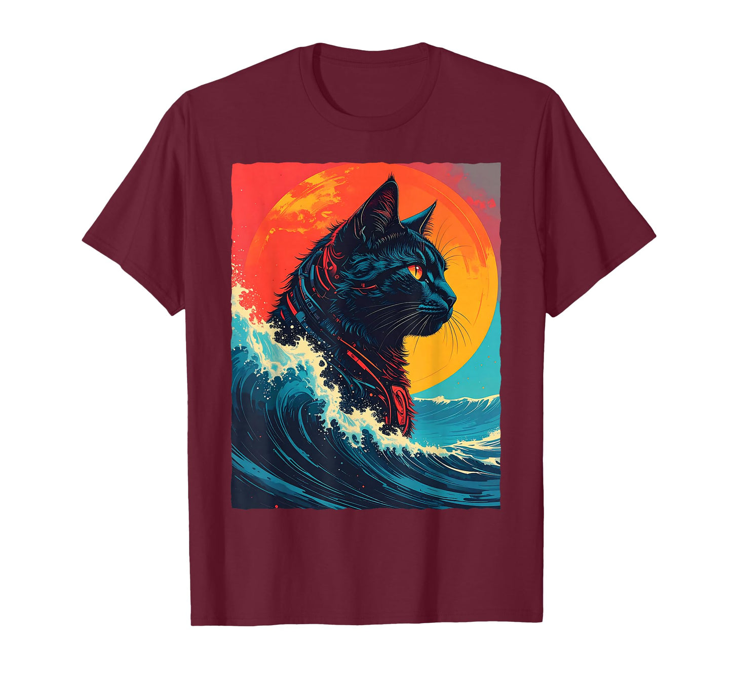 Great Kanagawa Wave Black Cat Robot Cyborg Sci-Fi Retro Sun T-Shirt
