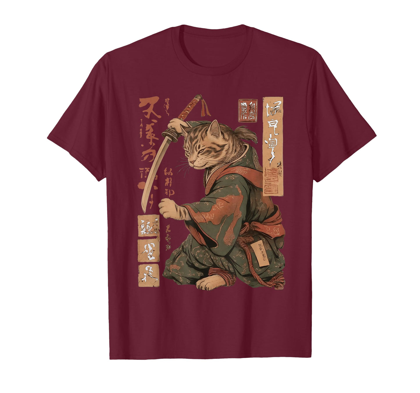 Vintage Anime Cat Japanese Funny Samurai Cat Ukiyo-e Warrior T-Shirt