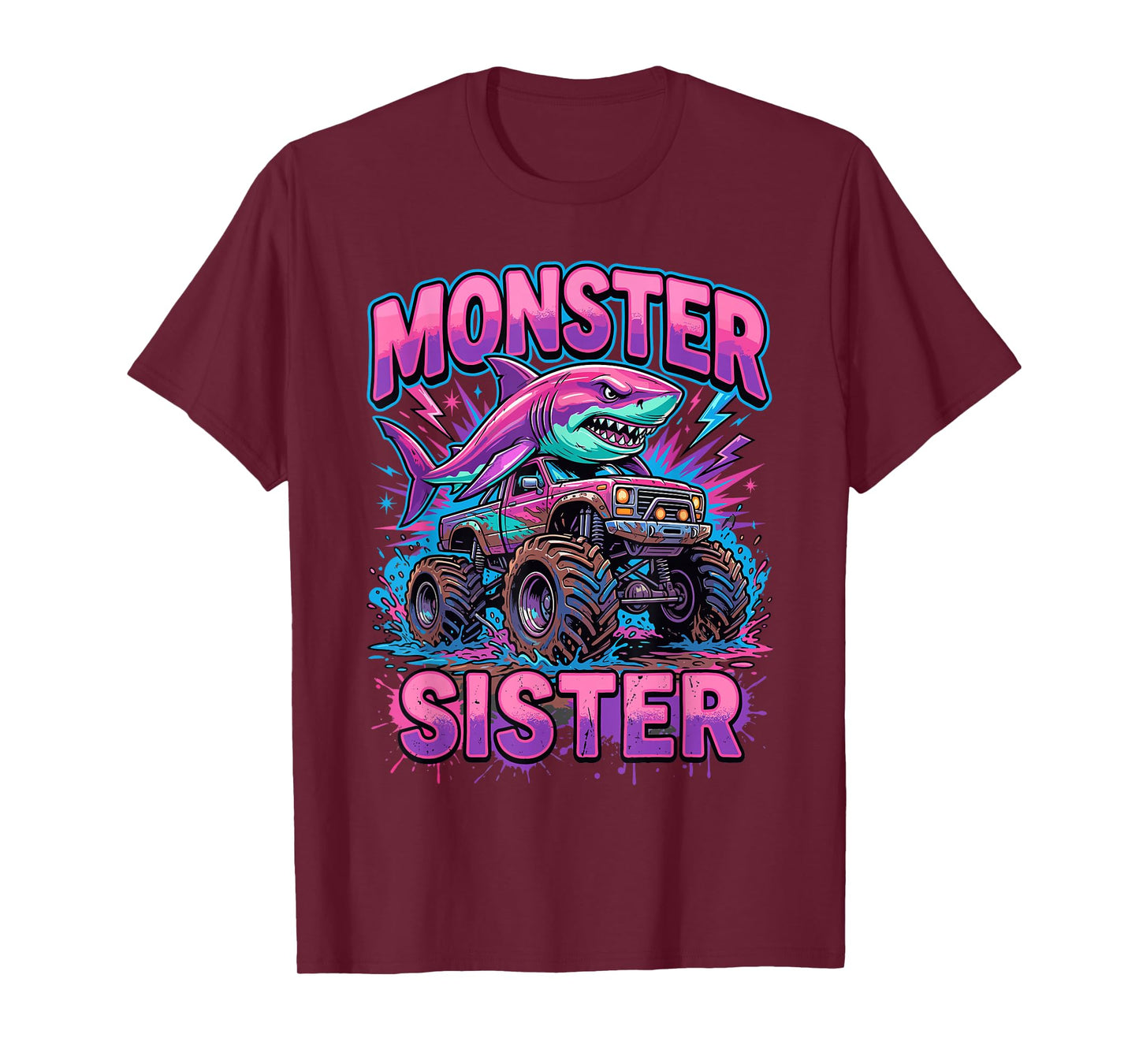 Monster Sister Shark Truck Funny Pink Sibling T-Shirt