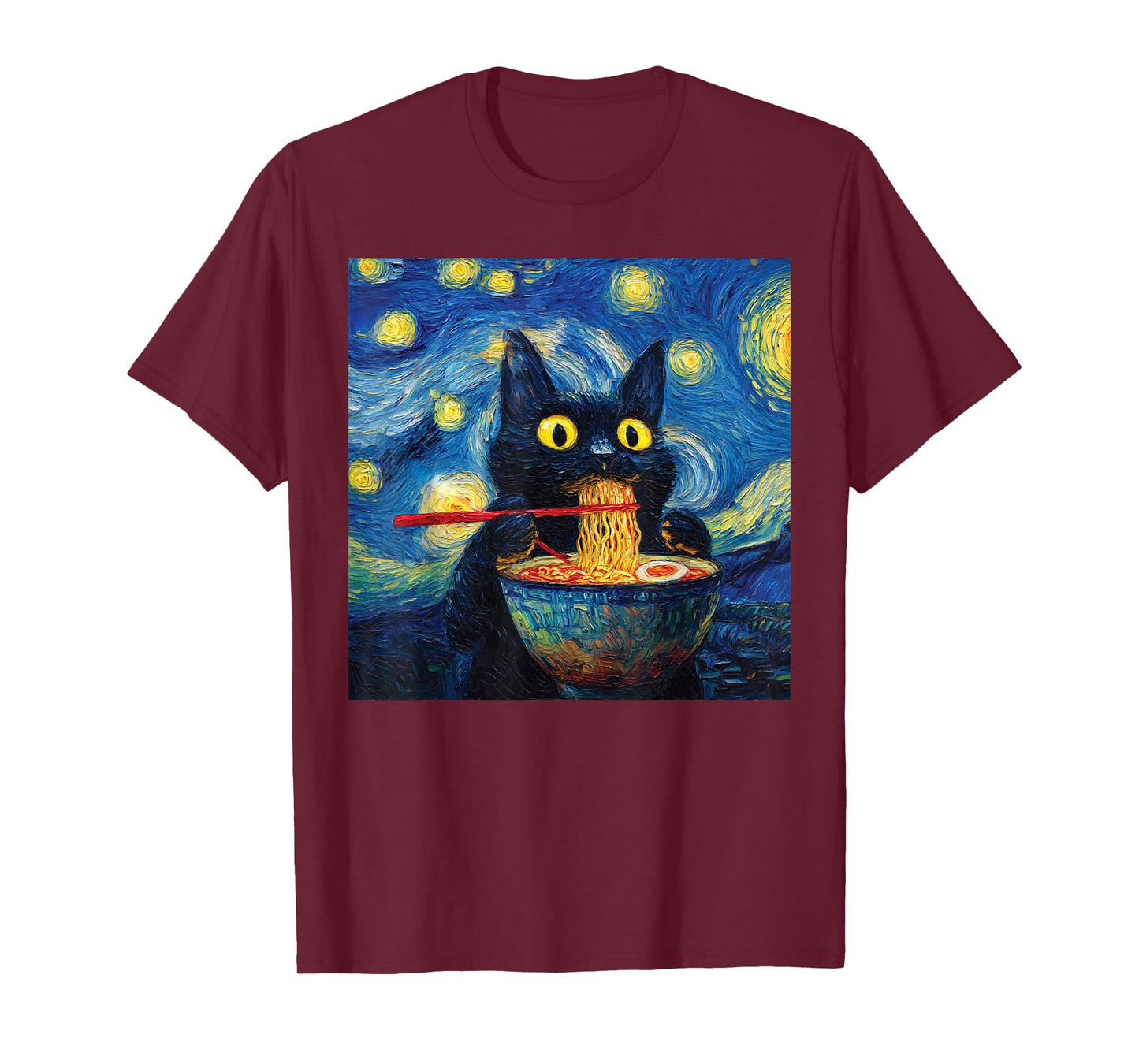 Cat Eating Ramen - Under Starry Nighit Funny Noodle Cat Art T-Shirt
