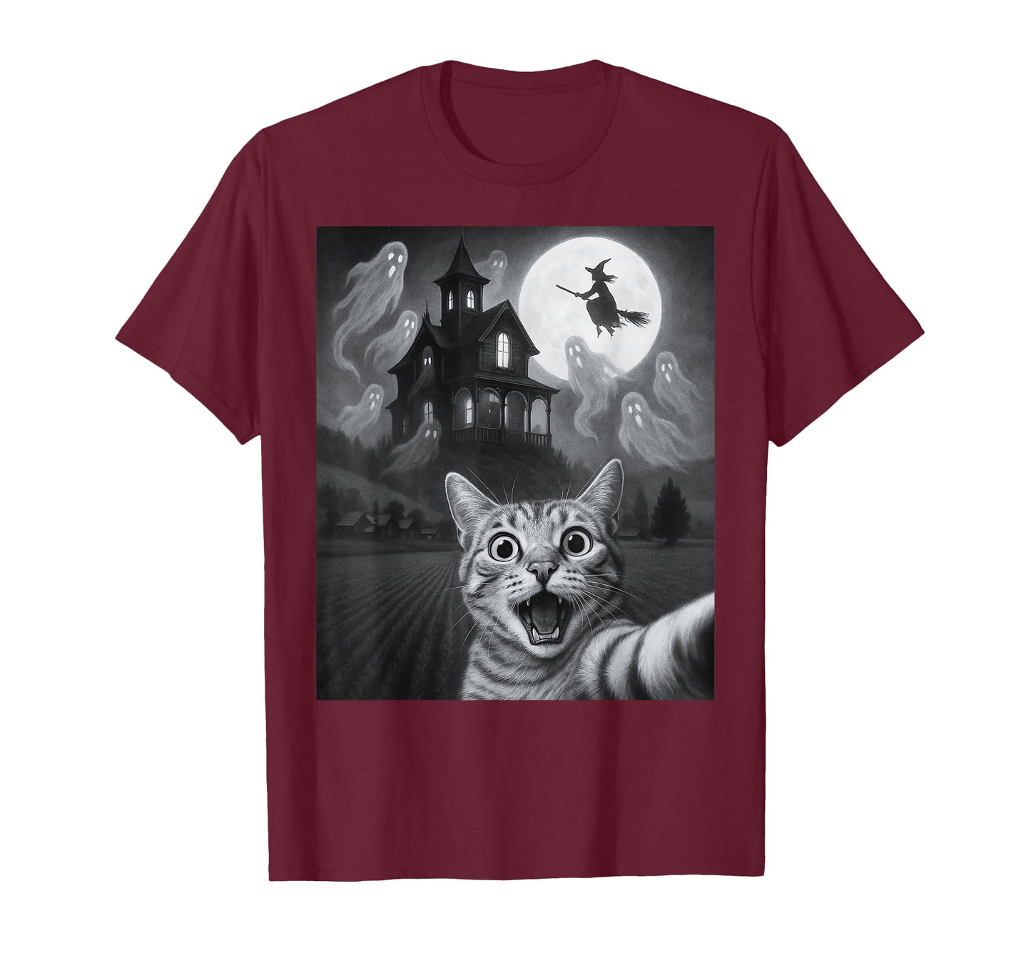 Halloween Cat Selfie With Scary House For Men Women Kids T-Shirt