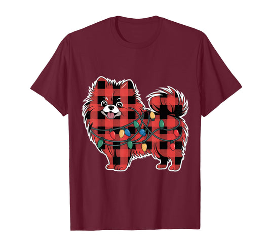 Plaid Pomeranian Christmas Lights Outfit Holiday Family T-Shirt
