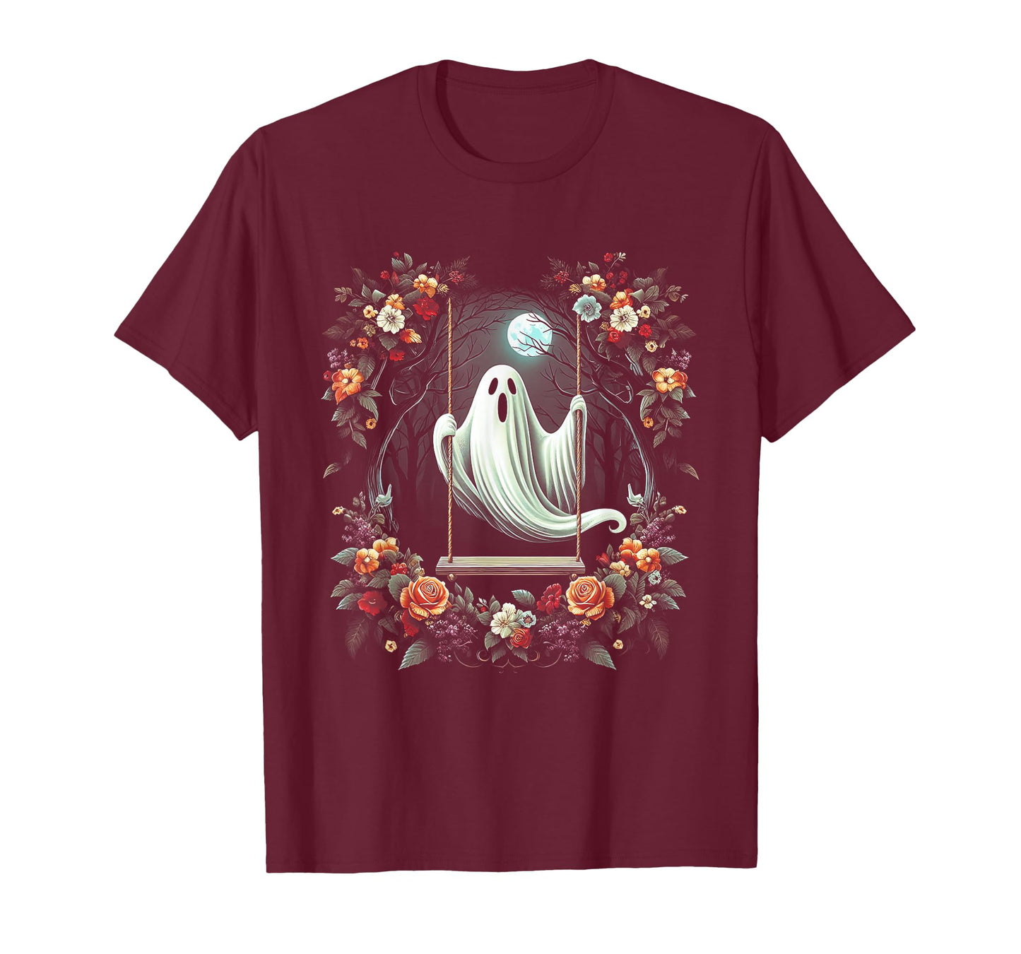 Vintage Floral Ghost On Swing In Forest Halloween Gothic T-Shirt