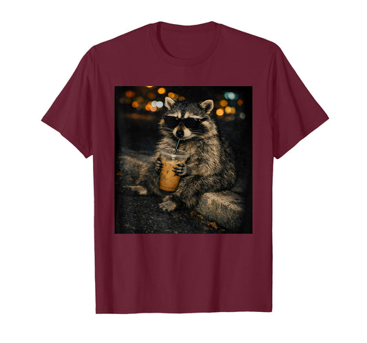 Funny Raccoon Wear Sunglasses Drinking Iced Coffee Meme T-Shirt