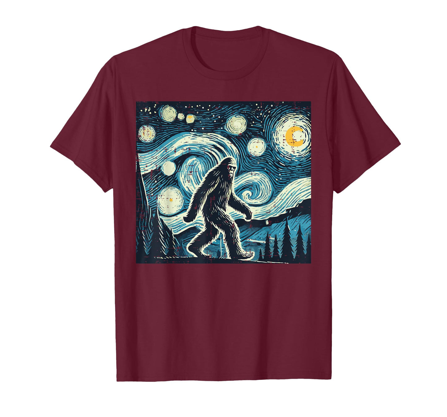 Bigfoot Starry Night Funny Sasquatch Art Paint Women Men Kid T-Shirt