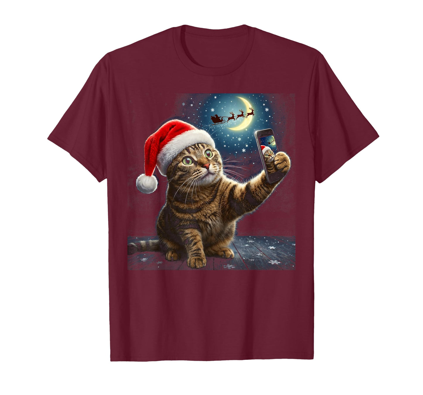 Funny Cat Christmas Selfie Santa Sleigh Graphic T-Shirt