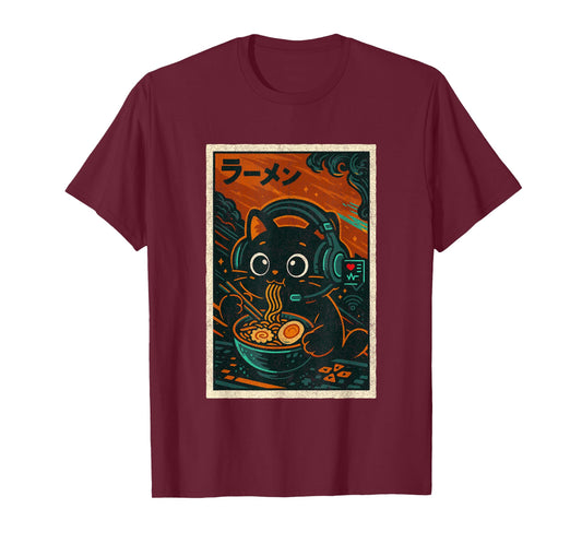 Retro Vintage Japanese Kawaii Ramen Slurping Gamer Cat T-Shirt