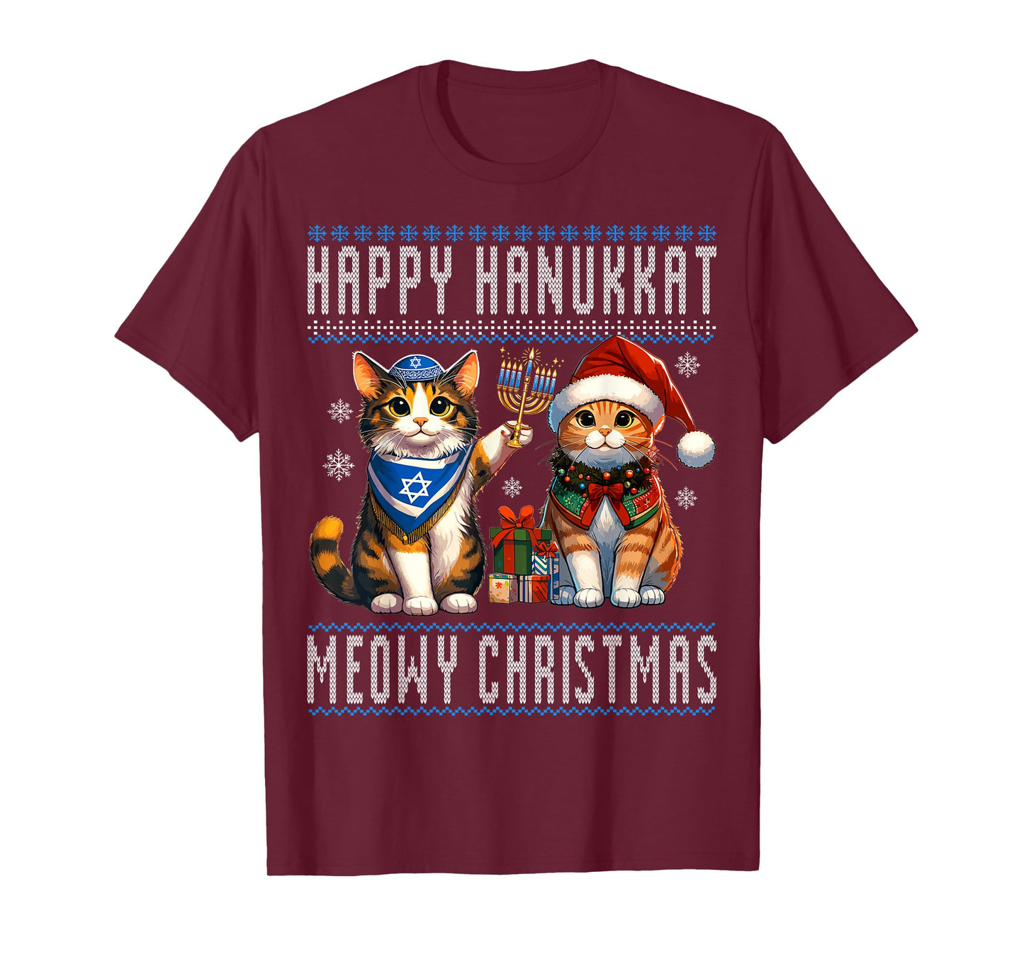 Cat Merry Christmas Happy Hanukkah Jewish Christian Men Women Kids T-Shirt