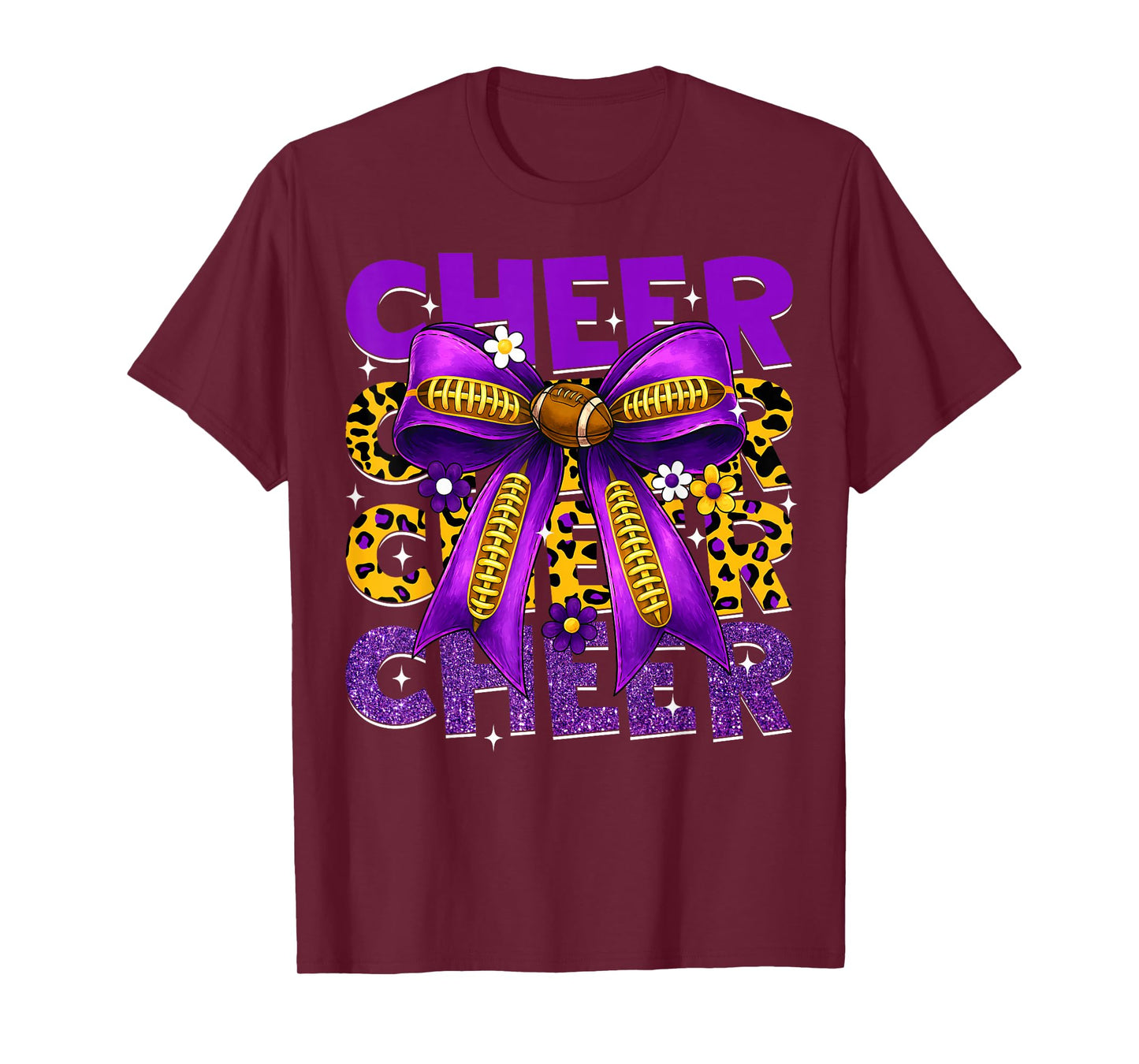 Coquette Cheer Bow Cheerleader Team Sport Purple Leopard T-Shirt