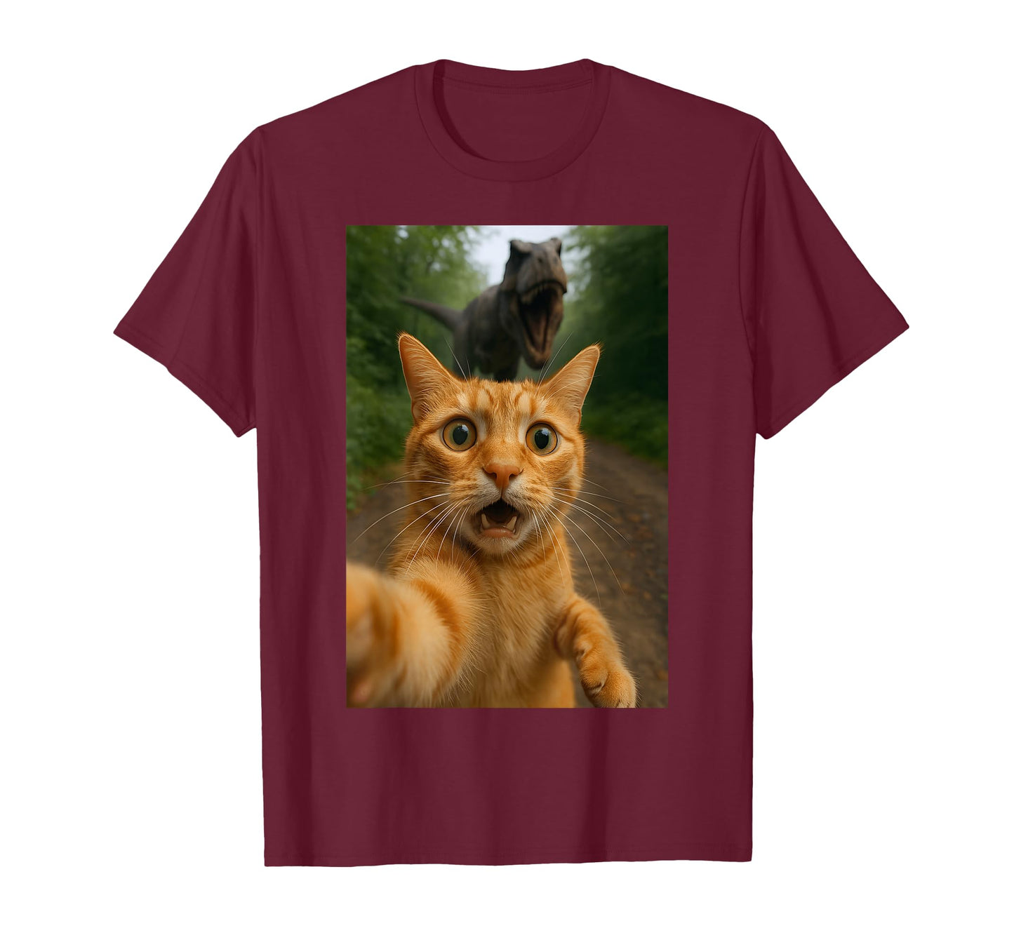 Cat Selfie Escape from Dinosaur Funny for Kids Teens Adult T-Shirt