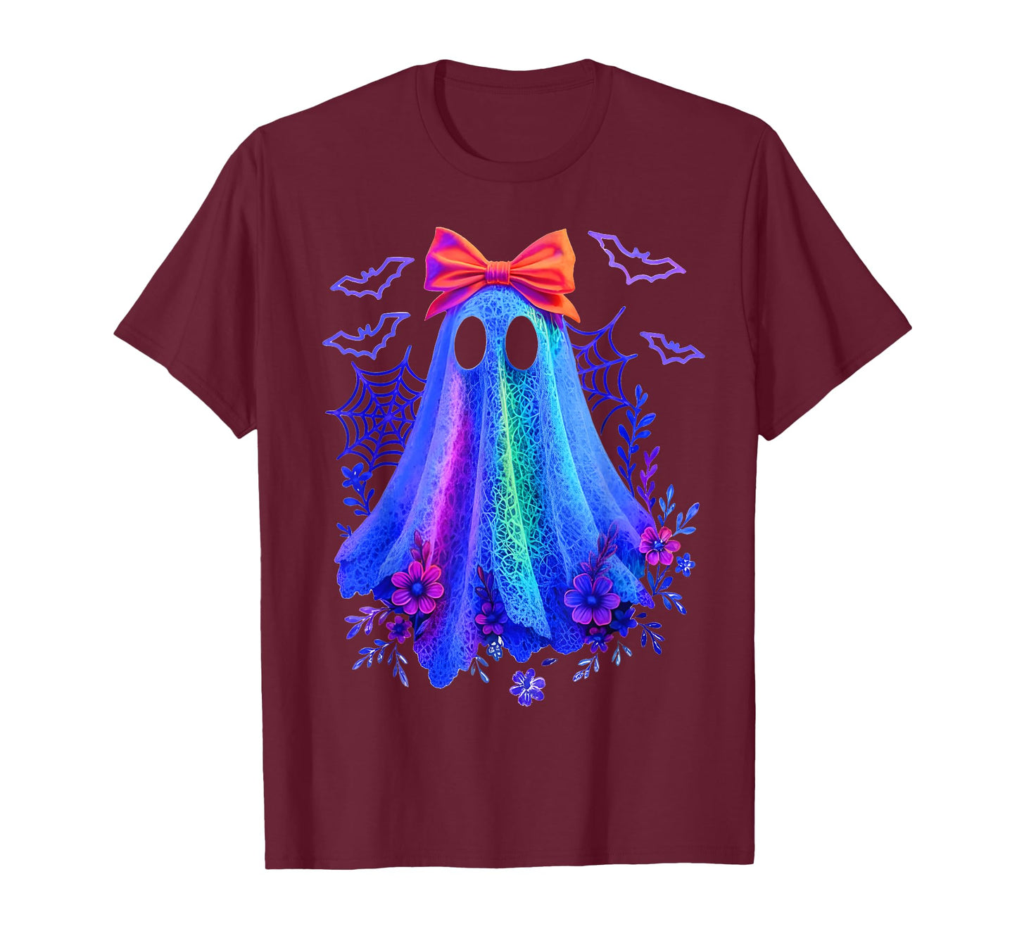 Cute Boo Halloween Ghost Bow Flower Neon Ghost Halloween T-Shirt