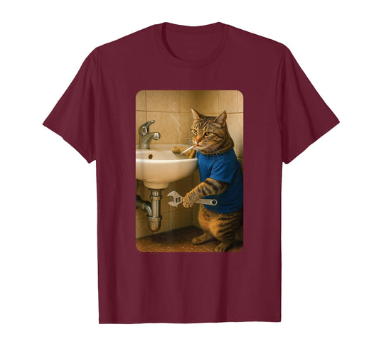 Funny Plumber Cat Meme Handyman Hilarious Cat Joke T-Shirt