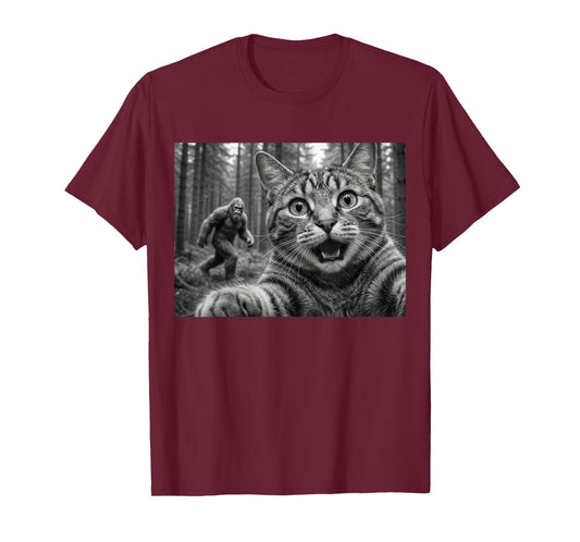Funny Cat Selfie with Bigfoot Sasquatch Cryptid Humor T-Shirt
