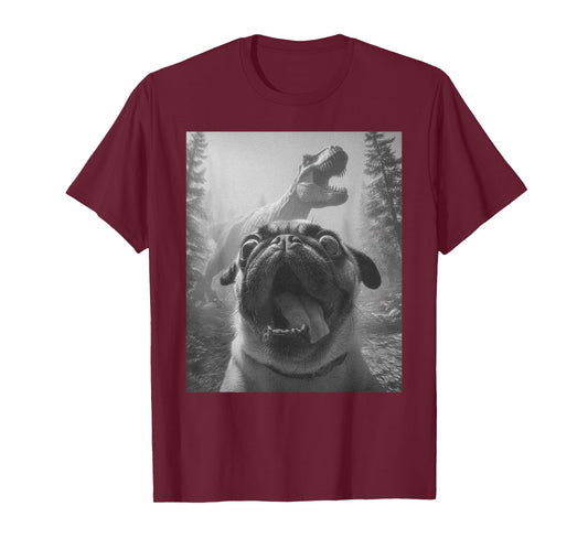 Funny Scared Pug Selfie with T-Rex Dinosaur Bootleg Graphic T-Shirt