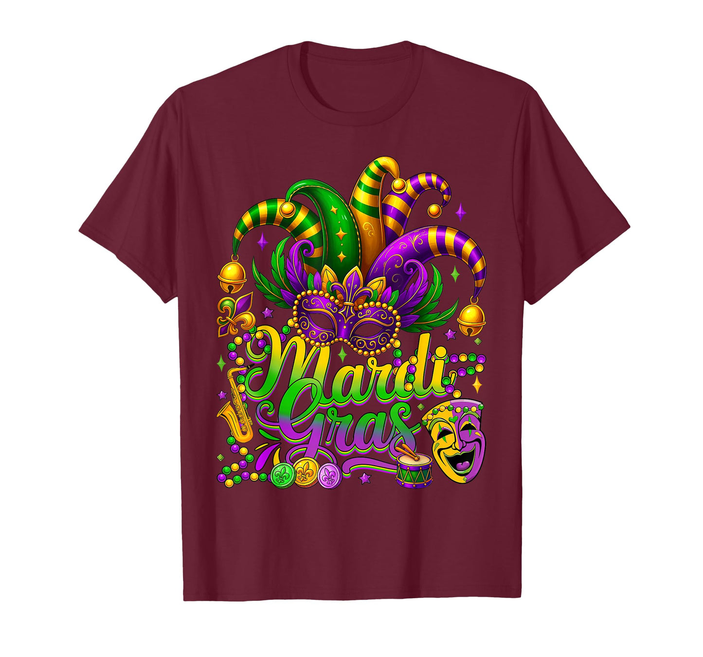 Mardi Gras Carnival Jester Hat Mask Beads Men Women Kids T-Shirt