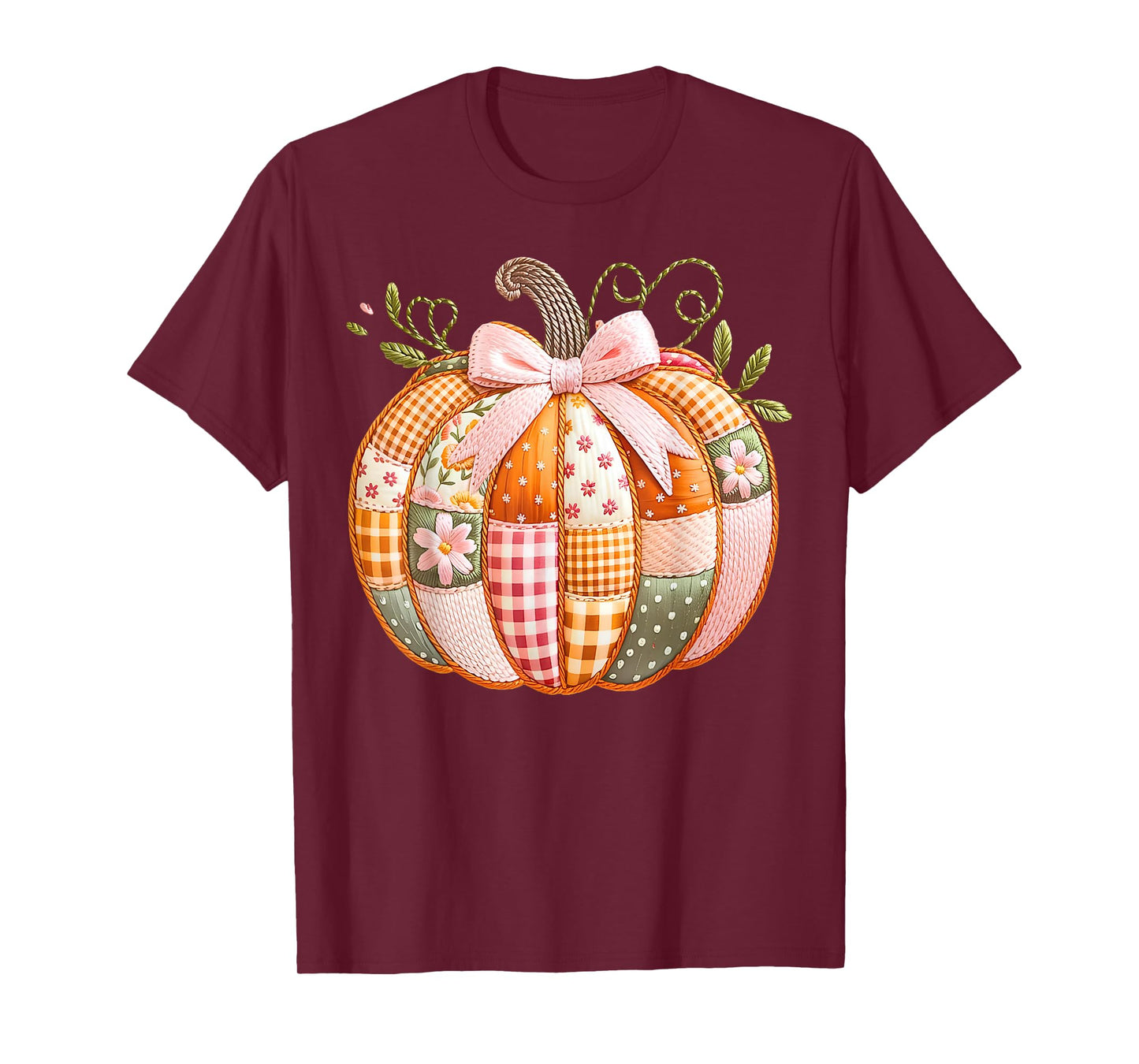 Coquette Bow Floral Patchwork Pumpkin Thanksgiving Autumn T-Shirt