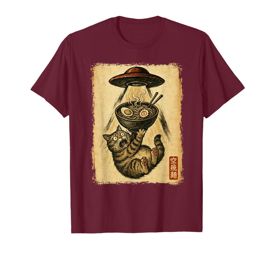 Funny Cat Ramen UFO for Men Women Teens Kids Japanese Anime T-Shirt