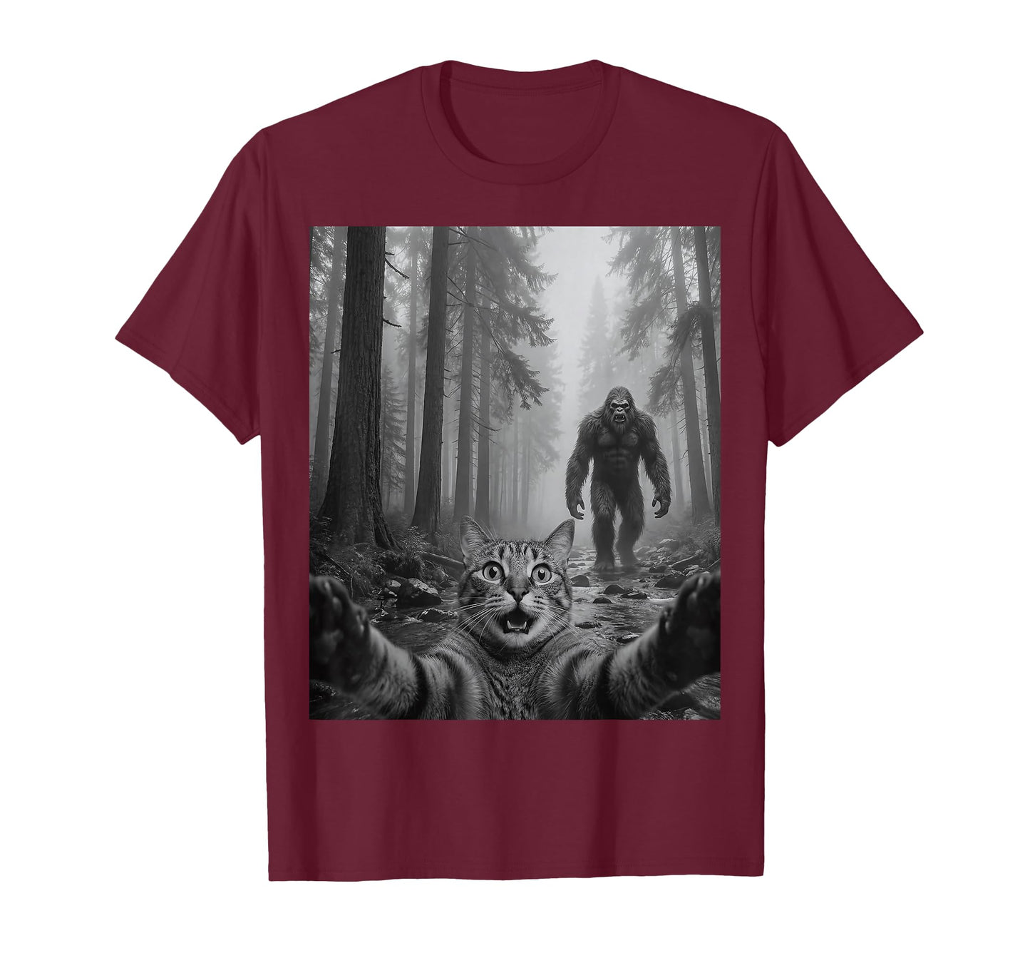 Funny Cute Tabby Cat Selfie with Bigfoot Men Women Kids T-Shirt