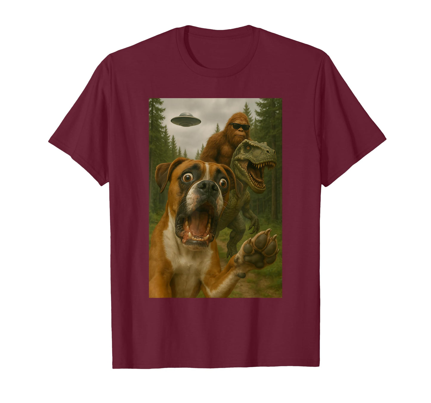 Shocked Boxer Dog T-Rex Bigfoot UFO Terrified Selfie Design T-Shirt