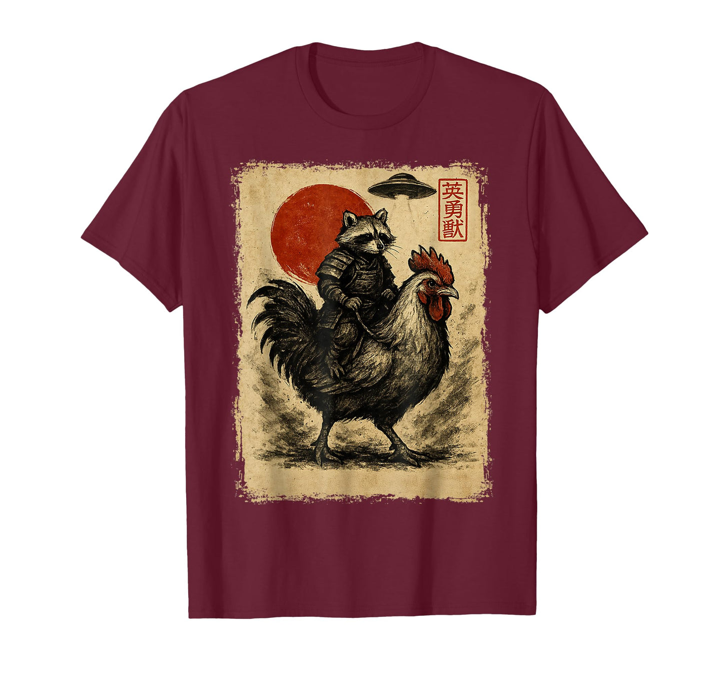 Funny Vintage Raccoon Rooster Chicken UFO Japanese Anime T-Shirt