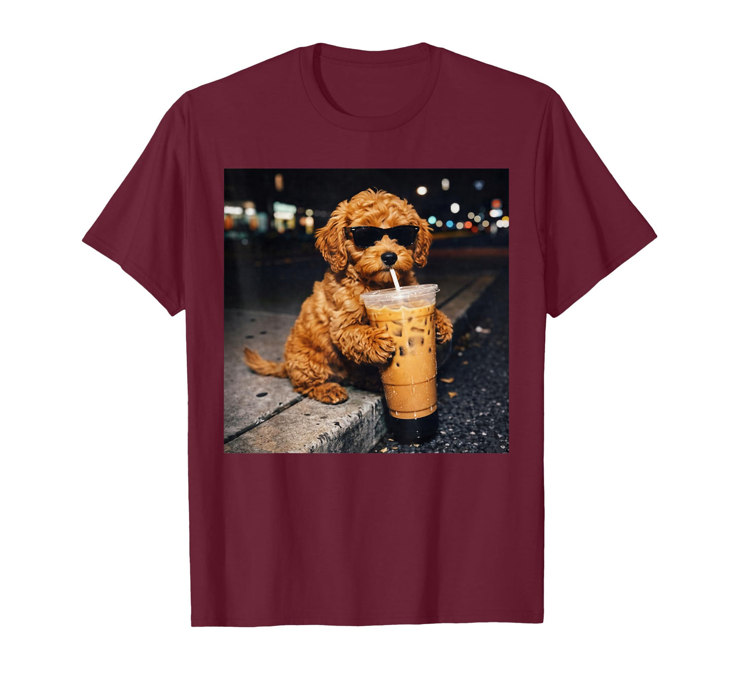Dog Goldendoodle Drinking Iced Coffee Funny Animal Meme T-Shirt