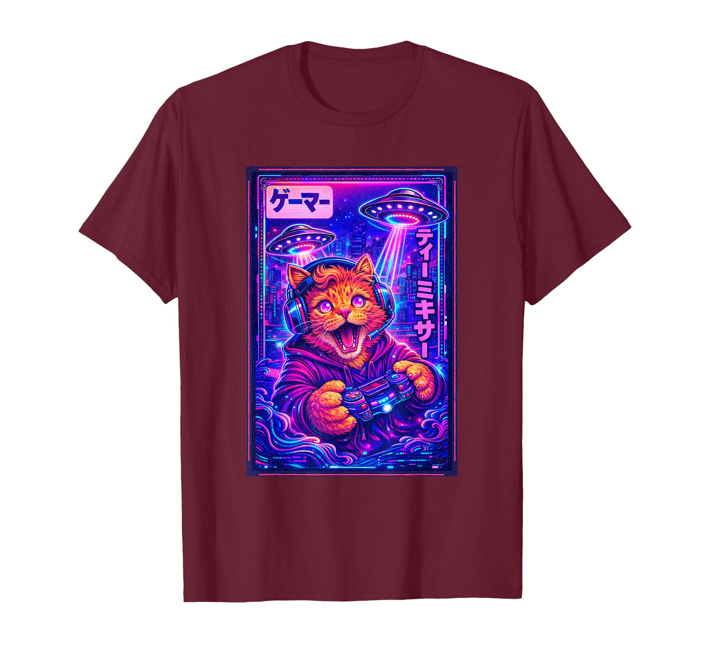 Japanese Synthwave Sci Fi UFO Cat Graphic Cool Gamer T-Shirt