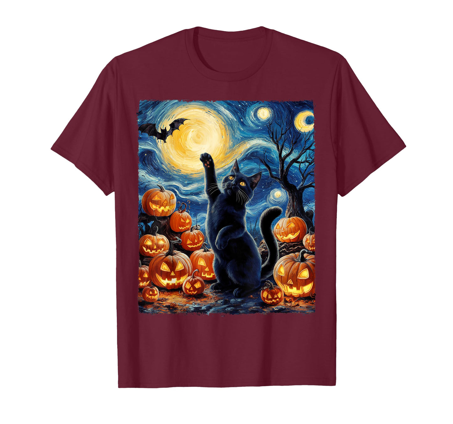 Halloween Cat Van Gogh Starry Night Pumpkin Gifts Men Women T-Shirt