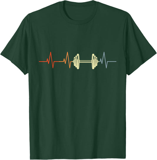 Vintage Fitness Heartbeat Dumbbell T-Shirt - T-Shirt | Forest