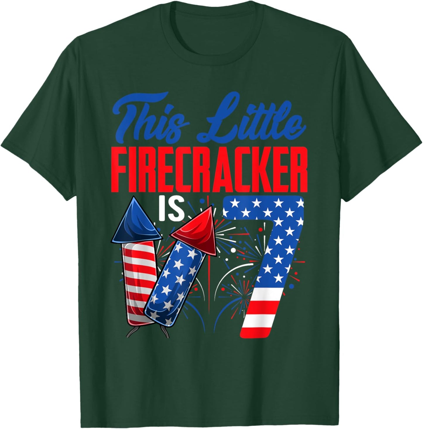 This Little Firecracker Is 7 Years Old Birthday 4th Of July Women Kids Men T-Shirt - T-Shirt | Forest