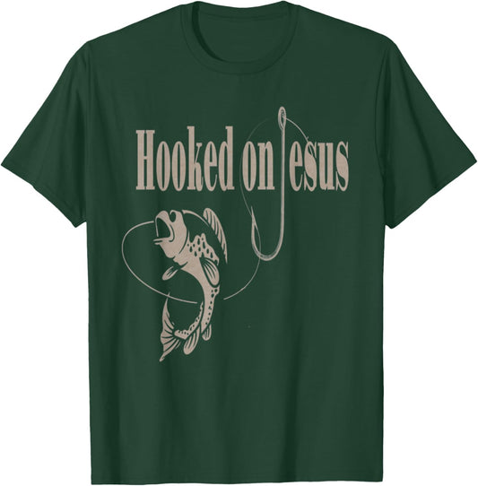 Fishing Camping Christian VBS Funny Vintage Hooked On Jesus T-Shirt - T-Shirt | Forest