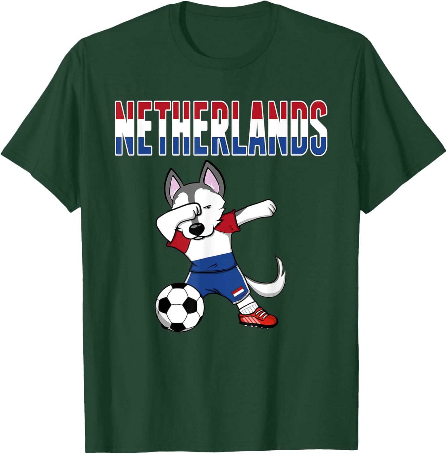 Dabbing Husky Dog Netherlands Soccer Fans Jersey Dutch Flag Men Women Kids T-Shirt - T-Shirt | Forest
