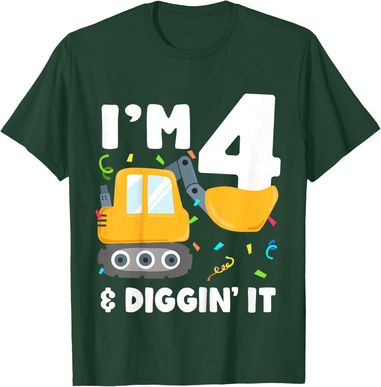 Kids Construction Truck 4th Birthday Boy 4 Four Excavator Digger T-Shirt - T-Shirt | Forest