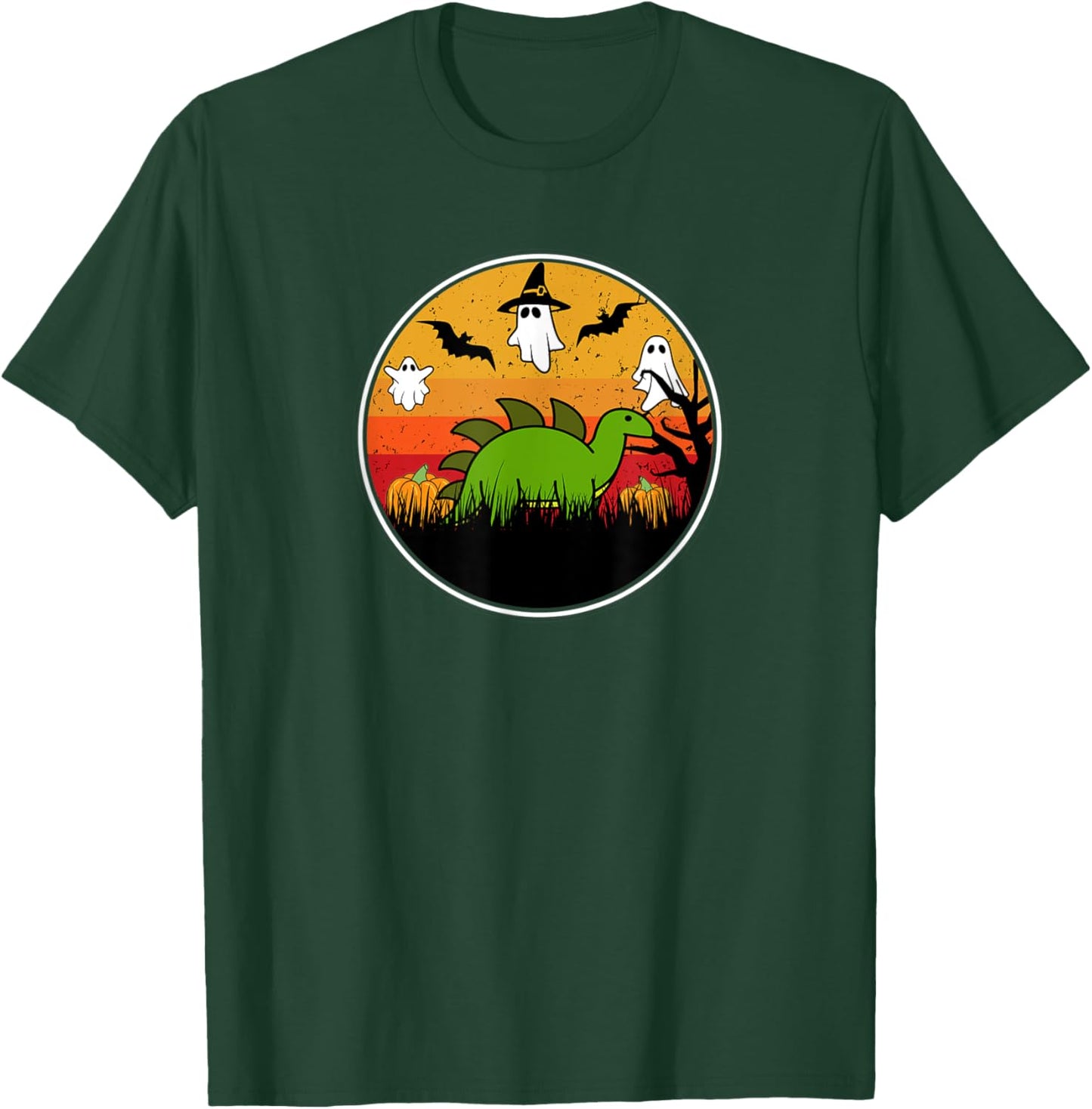 Stegosaurus Dinosaur Dino Pumpkin Patch Bat Ghost Kawaii T-Shirt - T-Shirt | Forest
