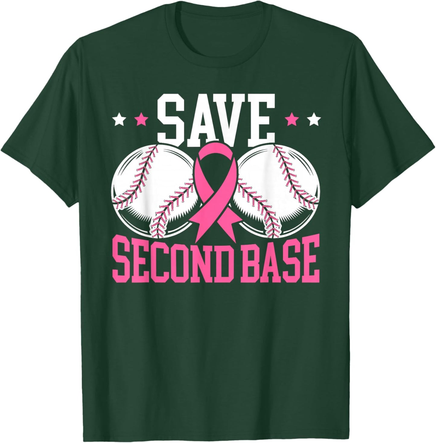 Save 2nd Base Baseball Player Breast Cancer Awareness T-Shirt - T-Shirt | Forest