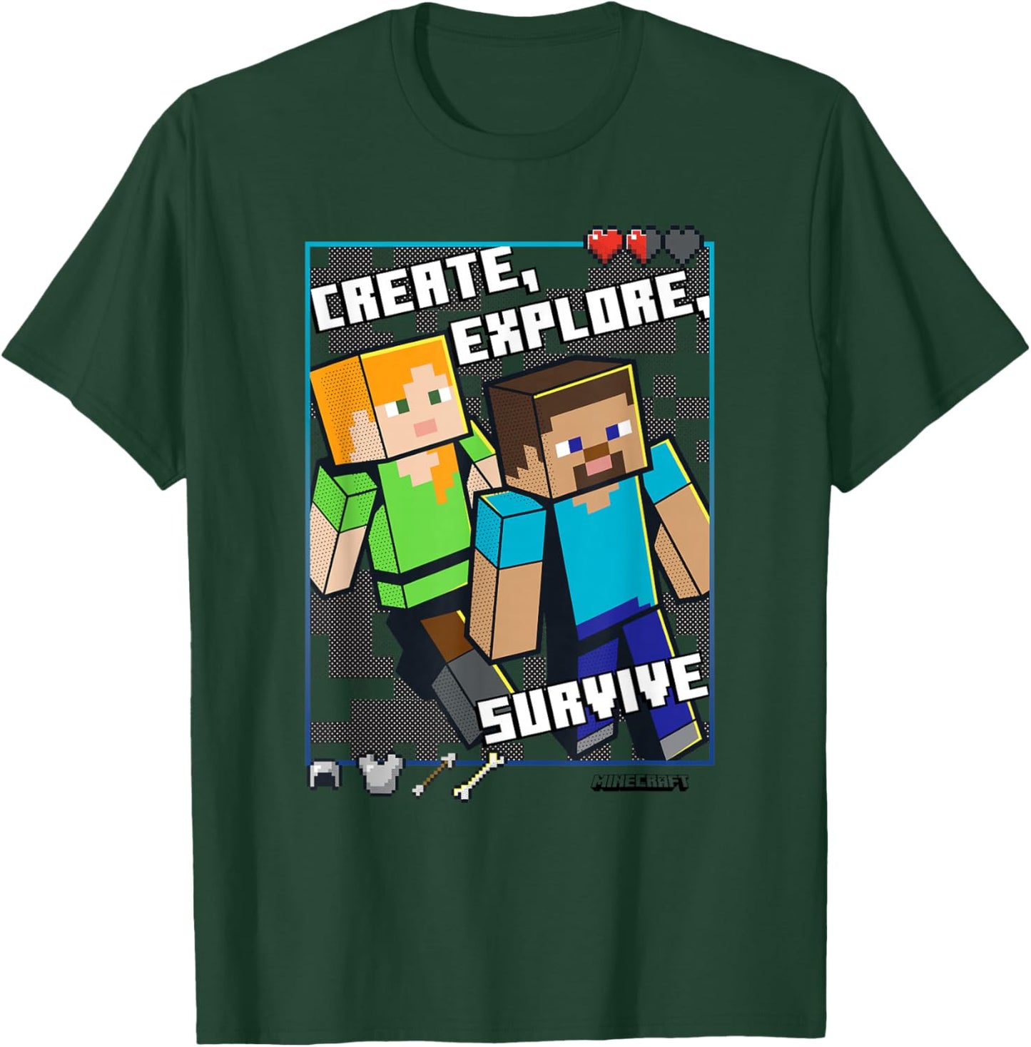 Minecraft Steve and Alex Create Explore Survive Box Up T-Shirt - T-Shirt | Forest