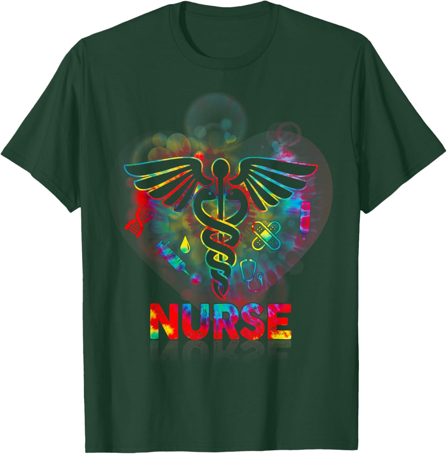 Nurse 365 Proud Nurse Tie Dye Caduceus Heartbeat Medical T-Shirt - T-Shirt | Forest